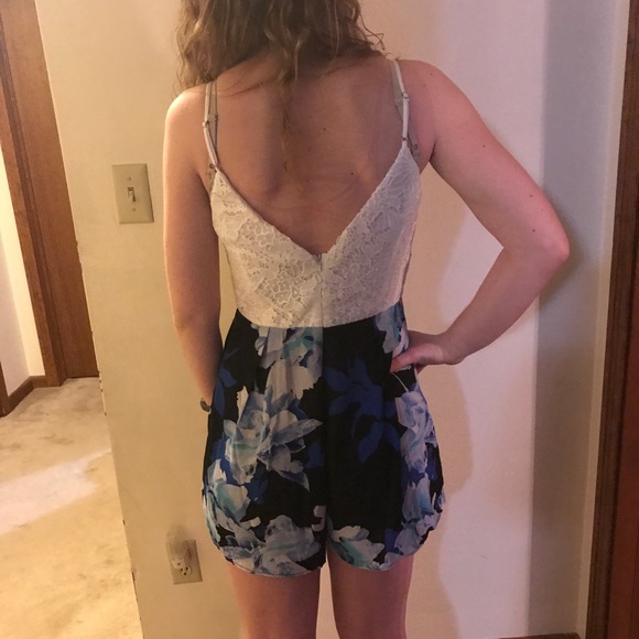 White Lace Tank Blue Floral Romper - Picture 3 of 3